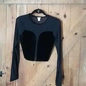90s Black Velvet and Mesh Long-sleeved Top M